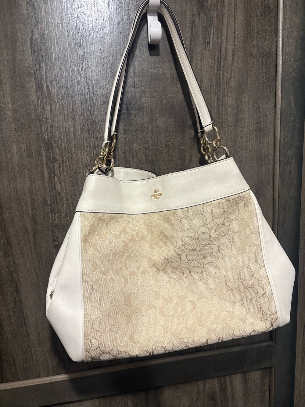 Coach Cream and White Signature Canvas Shoulder Bag